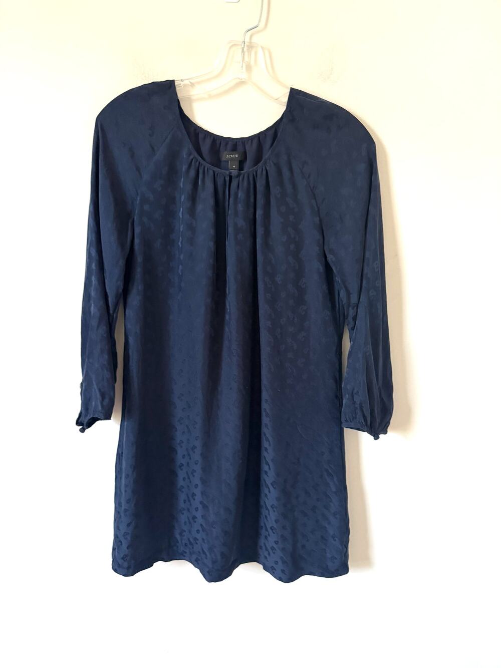J. Crew Jacquard Cheetah Keyhole Silk Long Sleeve Shift Dress Navy Blue Size 4
